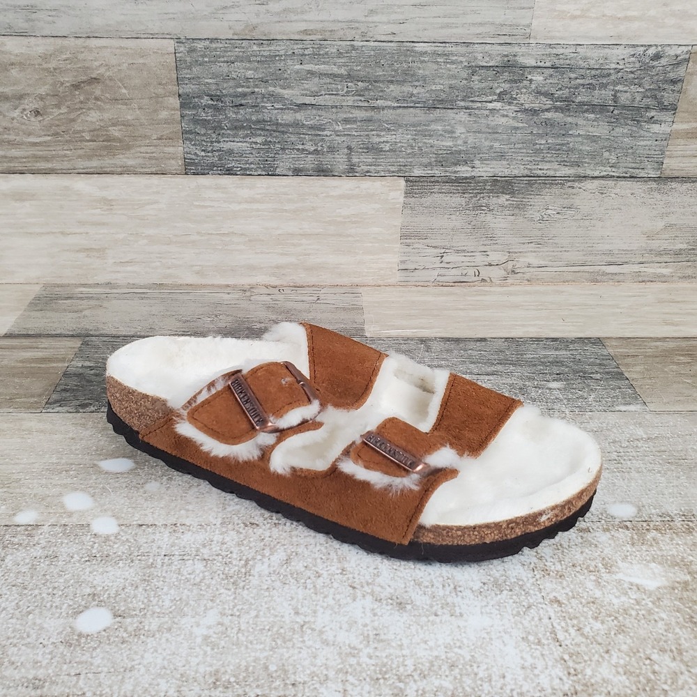 Birkenstock Arizona Womens Slides Sandals Sz 5 Narrow Mink Shearling Suede - Picture 1 of 12